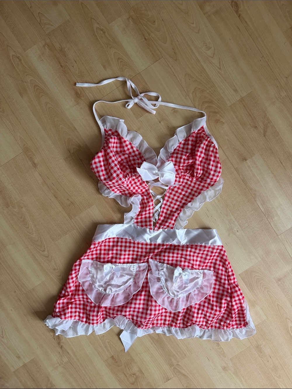 Cosplay Gingham Ruffled Halter Apron Dress